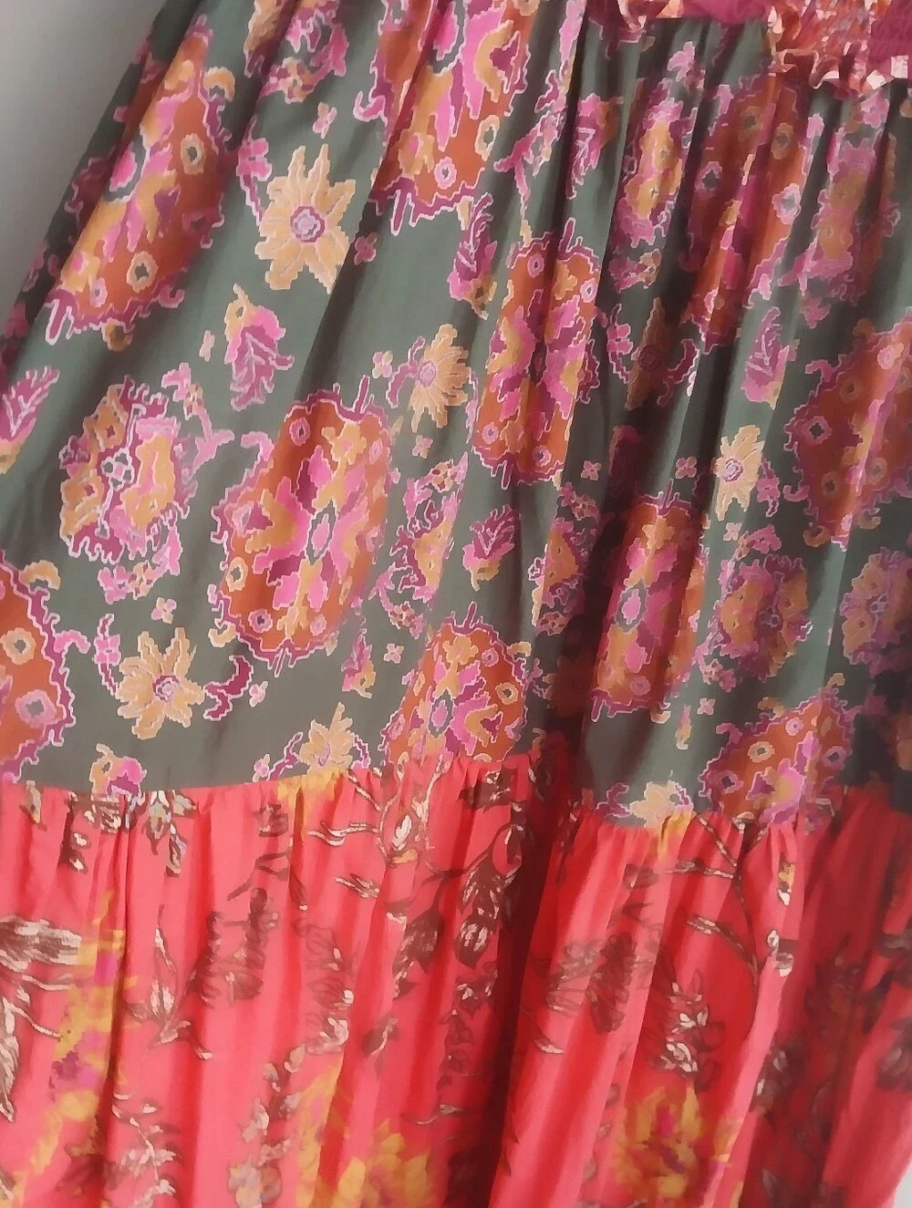 Free People Bluebell Magenta Floral Ribbon Tie Smocked Tiered Boho Maxi Dress